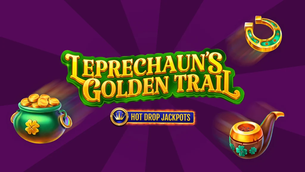 Text reads ‘Leprechaun’s Golden Trail Hot Drop Jackpots’ – a Cafe Casino online slot – on a dark purple background, surrounded by a pot of gold, a smoking pipe, and a horseshoe.