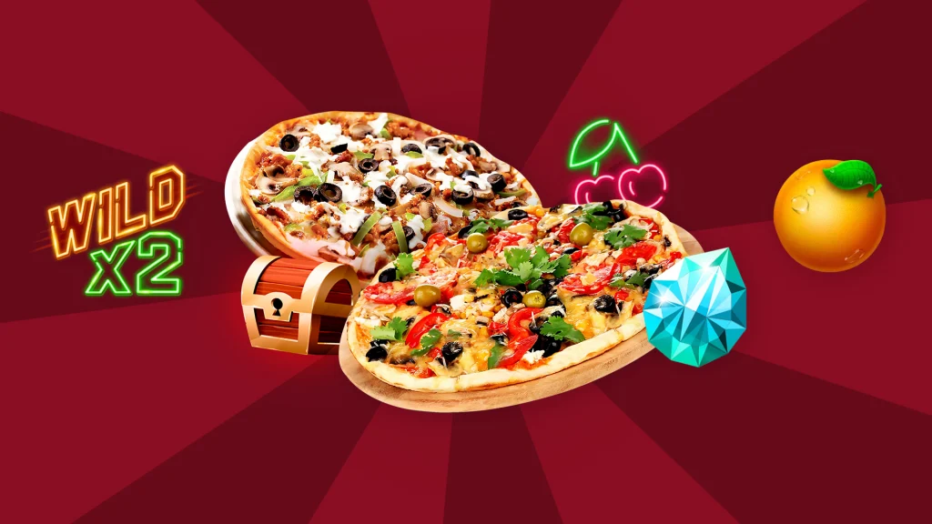 On a dark red background are two pizzas surrounded by slot symbols.