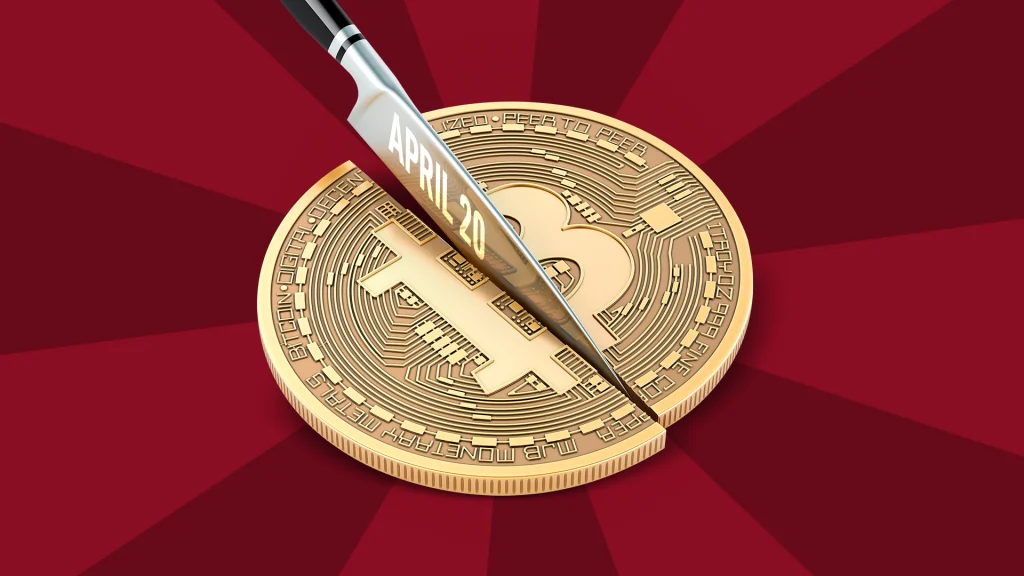 A gold Bitcoin coin is sliced in half on a red background.