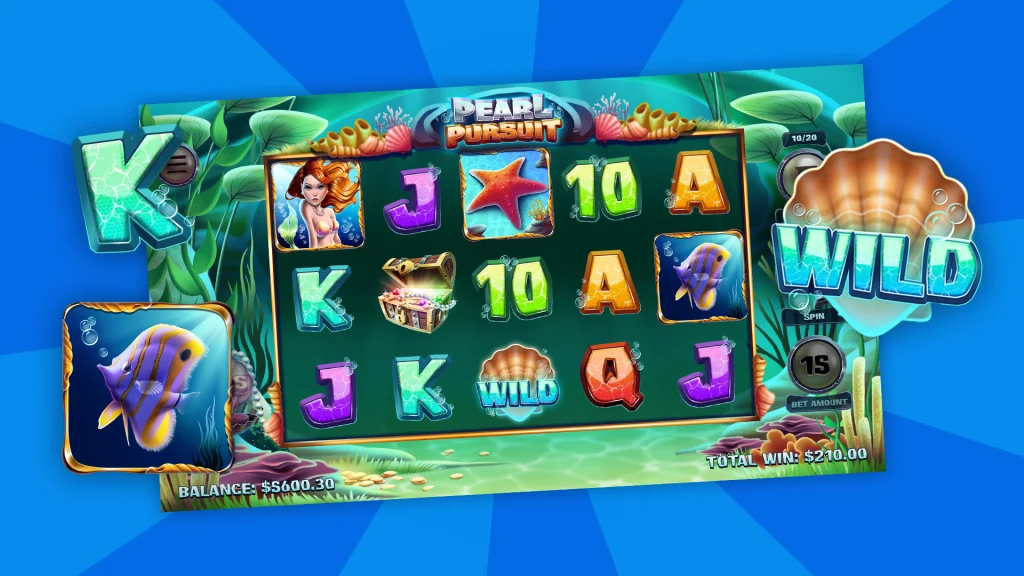 A 5x3 slot grid filled with symbols is surrounded by a fish and a seashell wild, all atop an ocean scene and a blue background. 