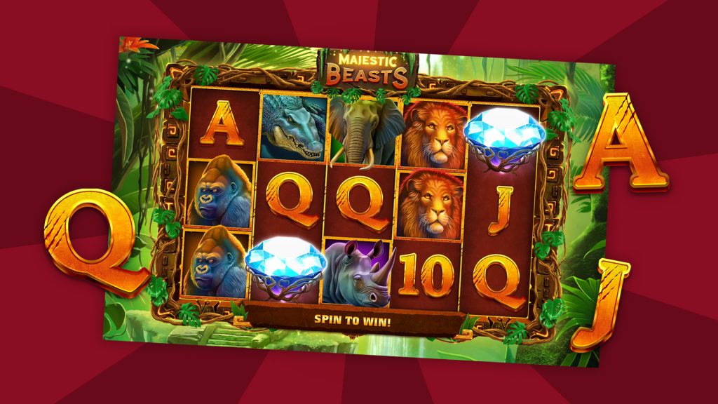 A jungle themed reel of the Cafe Casino online slot, Majestic Beasts, displaying alphabet, animal and diamond symbols.