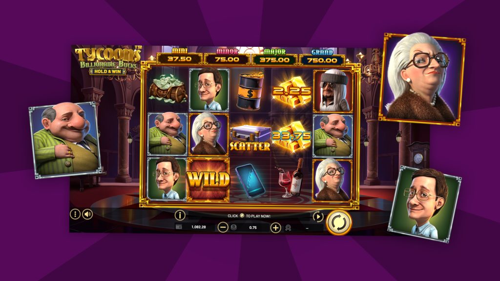 A screenshot of the reels of the Cafe Casino online slot, Tycoons: Billionaire Bucks, on two-tone purple background.