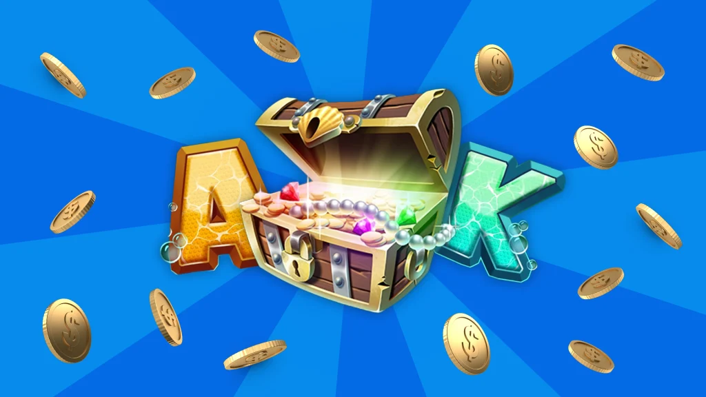 Gold coins float around a treasure chest – symbols from the Cafe Casino online slot Pearl Pursuit Hot Drop Jackpots – with an A and a K on either side, all over a blue background.