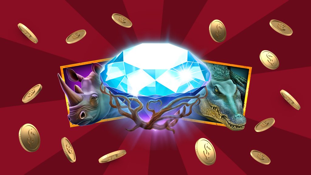 A diamond symbol is centered, with the symbols of a rhino and a crocodile surrounding, as coins fall from the top. 
