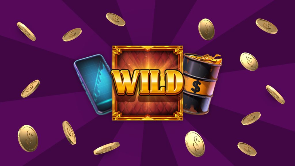 A Wild symbol from the Cafe Casino online slot, Tycoons: Billionaire Bucks, with other slot symbols, while gold coins fall from the top.