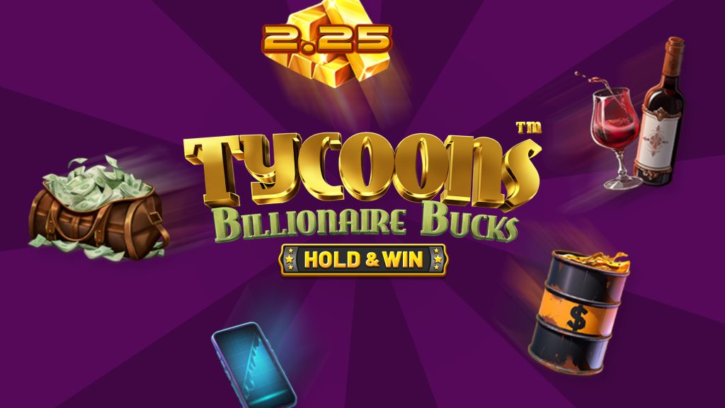 The logo for the Cafe Casino online slot, Tycoons: Billionaire Bucks, with slot symbols including red wine, a bag full of cash and gold bars.