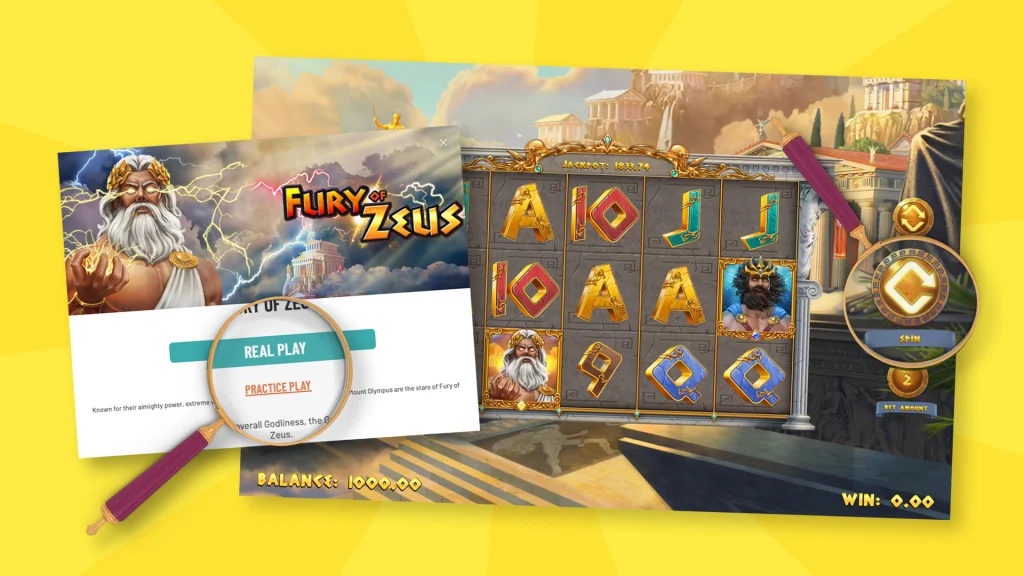 On a yellow background is an online slot game in action showing a magnifying glass over a screen with ‘Real Play’. 