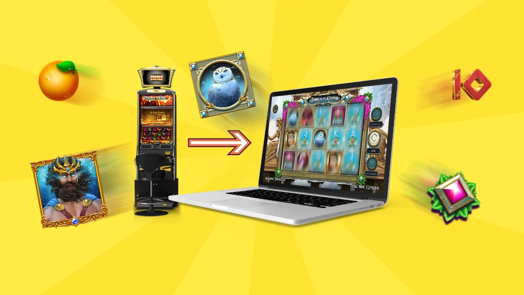 A physical slot machine is next to a laptop with an online slot, and both are surrounded by slot symbols and on top of a yellow background.