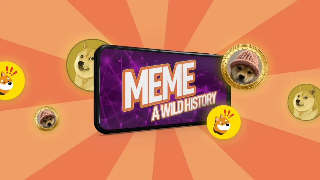 ‘Meme A Wild History’ written on a phone screen with a purple background, and all are surrounded by pictures of Shiba Inu dogs. Everything is on top of a light orange background.