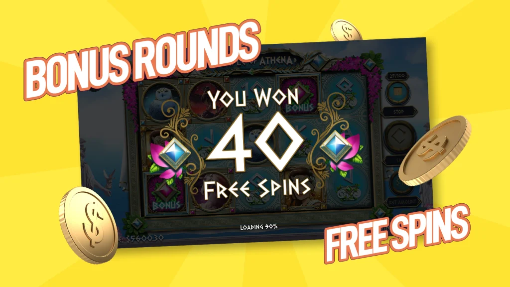 A darkened slot screen has the text ‘You Won 40 Free Spins’ and text that reads ‘Bonus Rounds’ on the top left and ‘Free Spins’ on the bottom right, all on a yellow background.