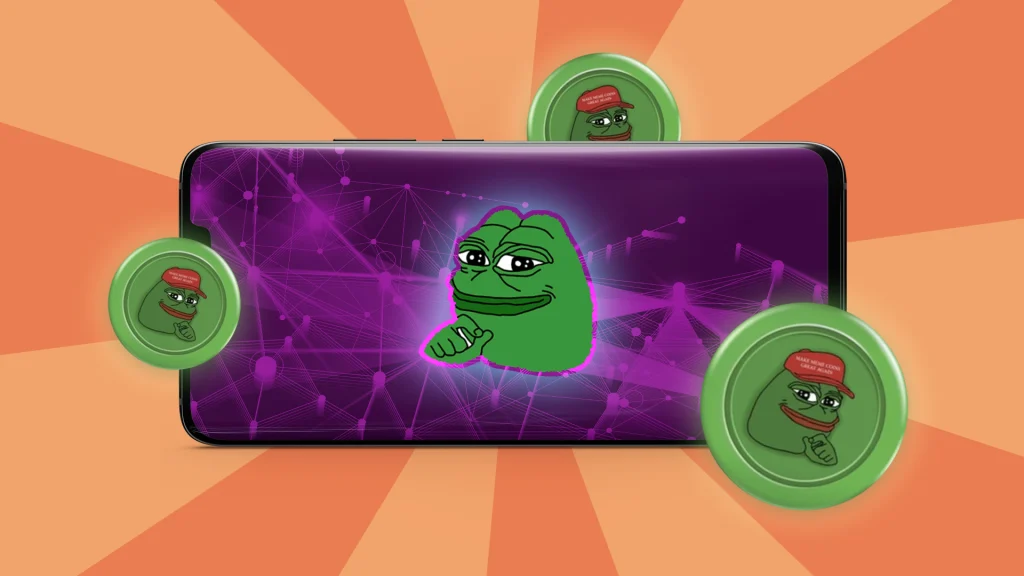 A picture of Pepe the Frog is on a phone case surrounded by smaller pictures of himself and all are on top of a light orange background. 