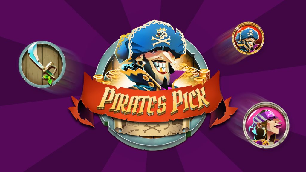 With a purple background, a pirate is in the middle with a red banner in front of him that says ‘Pirate’s Pick’ and three pirate symbols surround him on either side. 