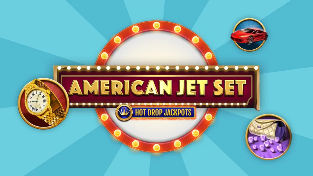 On a teal background is a round marquee light with a banner in front of it that says ‘American Jet Set Hot Drop Jackpots’, and that’s all surrounded by fancy slot symbols.