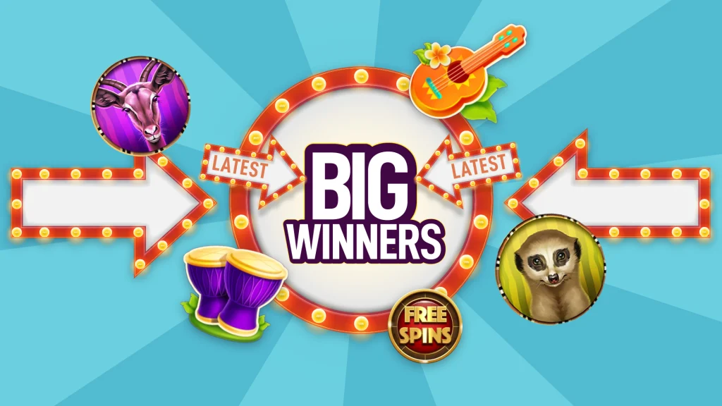 There’s a teal background with slot symbols pointing to text in the center that reads ‘Big Winners’ and arrows that say ‘Latest’.