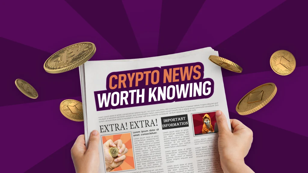 Two hands are holding up a newspaper that says ‘Crypto News Worth Knowing’ which is surrounded by gold coins and all on a royal purple background.