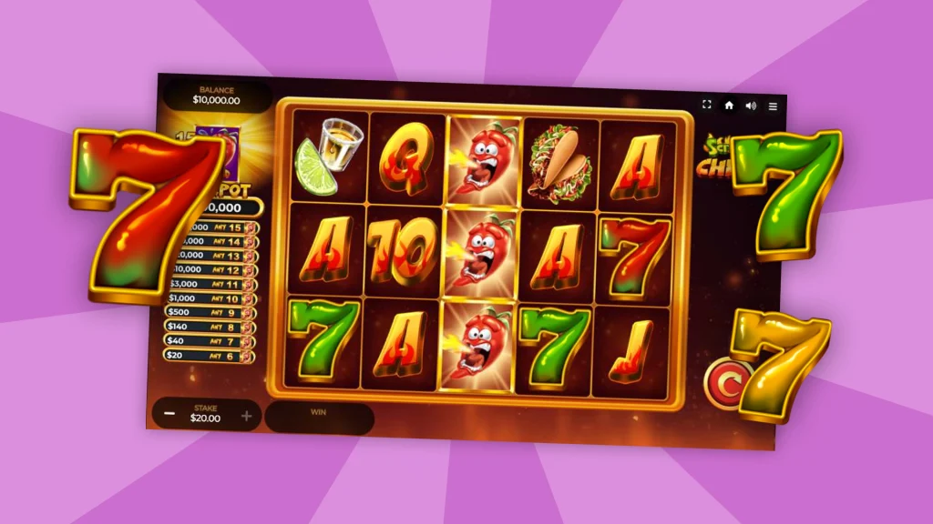 The Screaming Chillis slot game is on a light purple background surrounded by red, green, and yellow sevens.