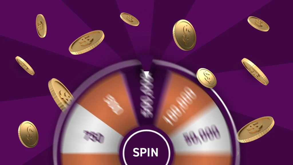 On a dark purple background are gold coins floating above a quickly spinning wheel that says ‘spin’ in the middle.
