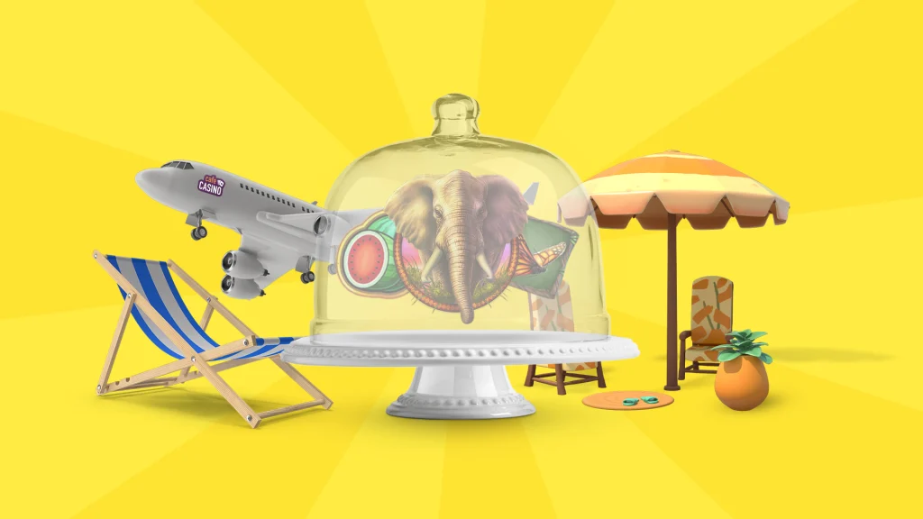 On a bright yellow background is a cake plate with an elephant inside and a jet, umbrella, and beach chair behind them.