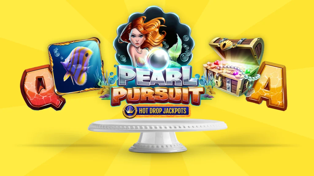 In the middle of a cake plate is text that says ‘Pearl Pursuit Hot Drop Jackpots’ and slot symbols surround it including a mermaid, a fish, and a treasure chest. 