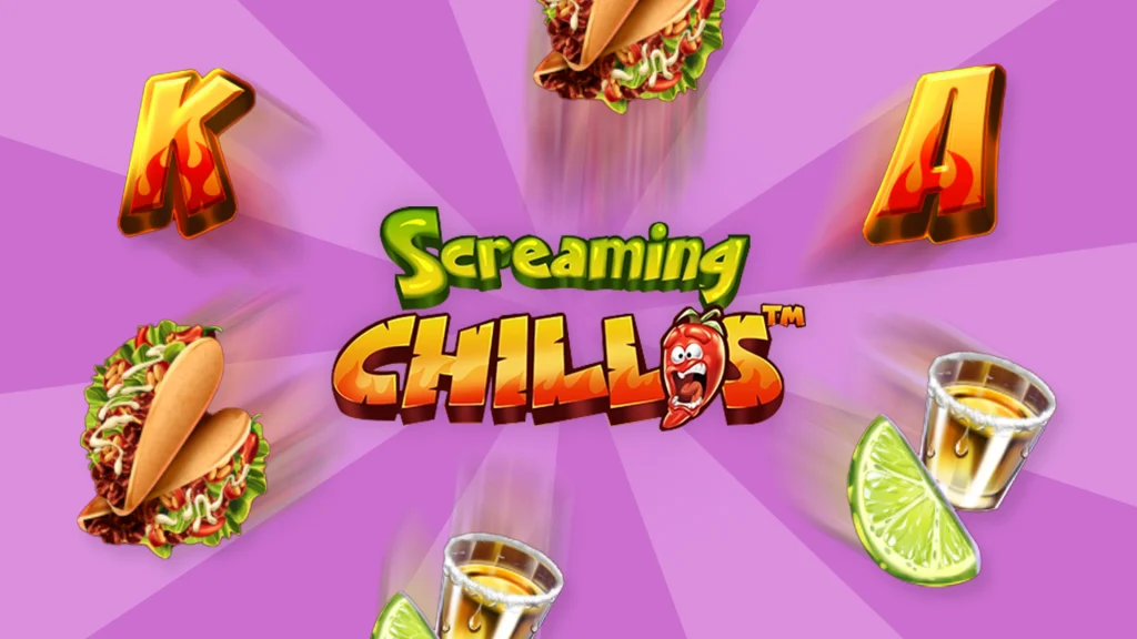 Tacos, shots of tequila with lime, and letters surround text that says ‘Screaming Chllis’ all on a light purple background.
