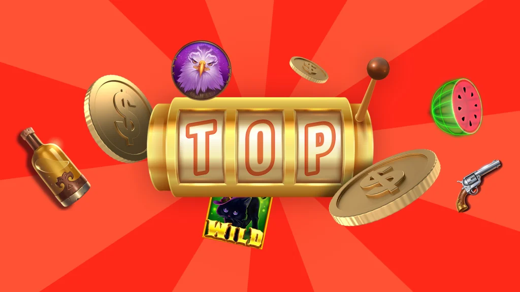 A red background has old school golden slot reels in front that say ‘TOP’ and it’s surrounded by various floating slot symbols.