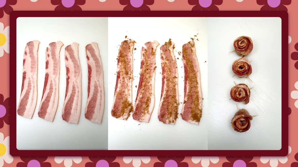 Image showing Candy Bacon Roses in three stages preparation, bare, sugar-coated then rolled and tooth-picked.