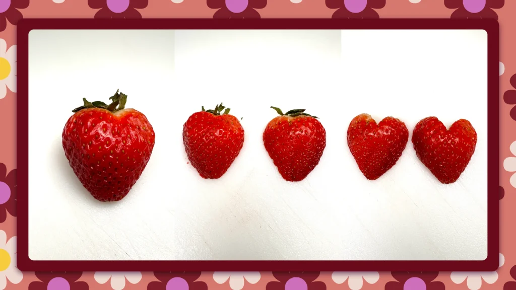Five strawberries in a row, showing the prep-process transition from whole to heart-shaped.