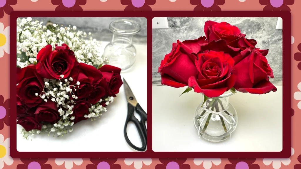 One image feature two floral arrangements: to the left, roses with scissors on a desk, and right, roses in a clear vase framed against a floral backdrop