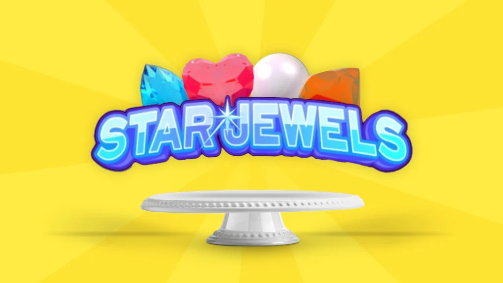 The text ‘Star Jewels’ is on a cake plate with jewels above it and it’s all over a bright yellow background.