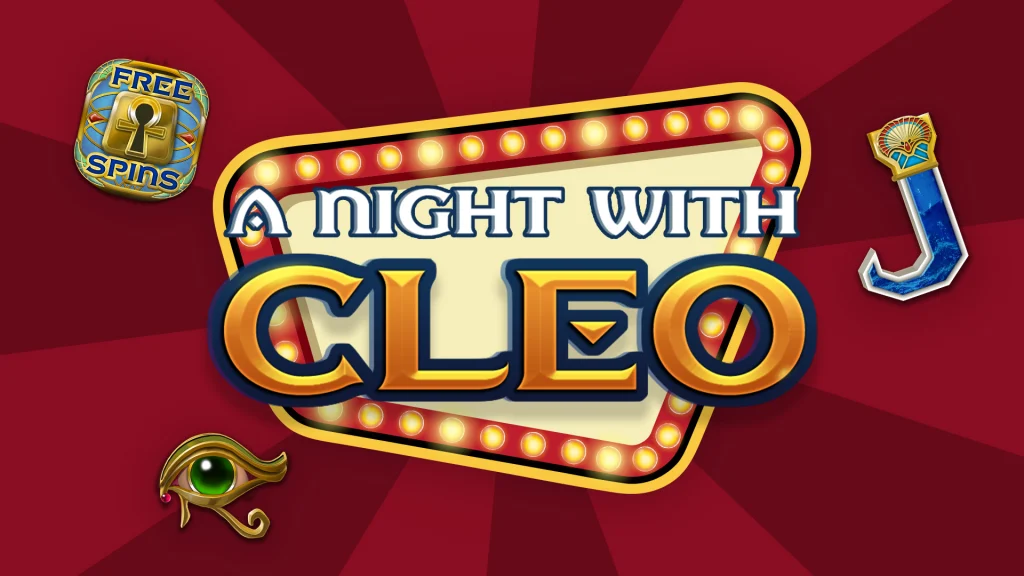 With a maroon background, we see text in the middle of a marquee that says ‘A Night With Cleo’, and a lock, the Eye of Horus, and a ‘J’ symbol surround it.