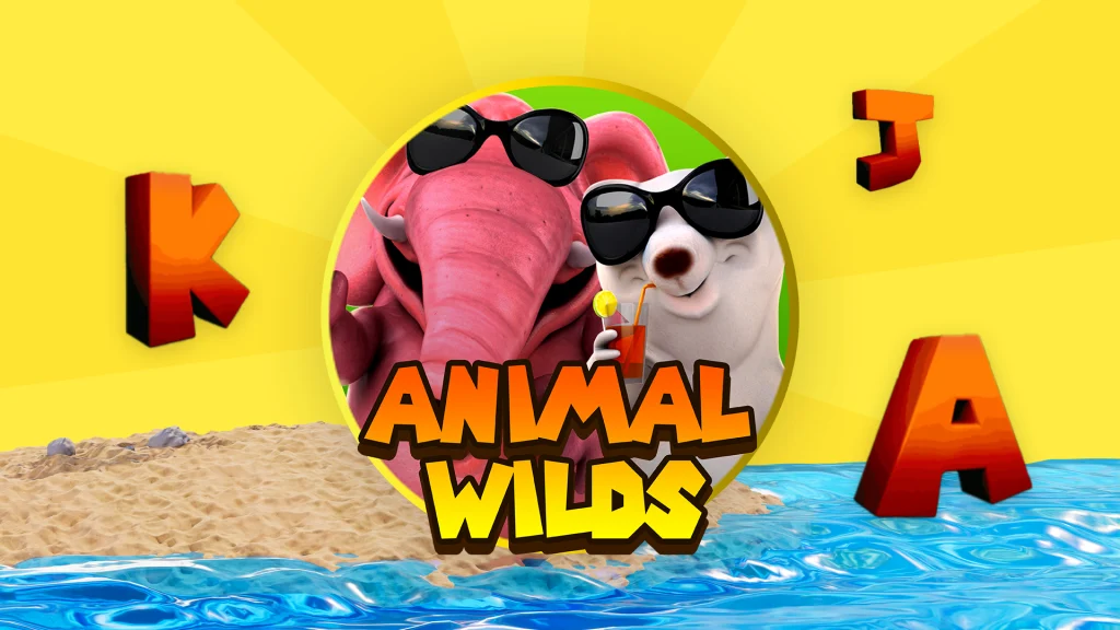 There’s an elephant and a panda wearing sunglasses inside a circle on a beach background with a yellow sky and playing card letters floating around them