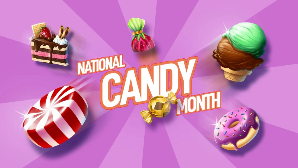 On a light purple background we see candies and pastries floating around text that says ‘National Candy Month’.