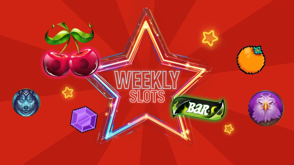 On a red background are fruits and gems floating around a star that says “Weekly Slots