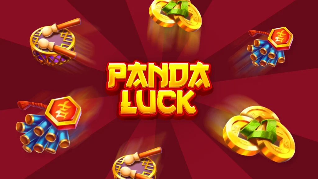On a dark red background we see text that says ‘Panda Luck’ and all around it are lucky Chinese slot symbols.