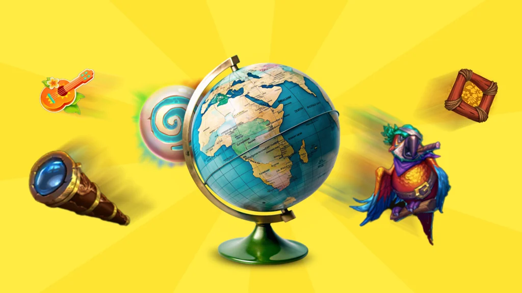 On a bright yellow background we see a globe surrounded by slot symbols related to travel and exploration.