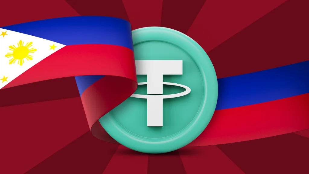A Philippines flag floats to the left and a light green USDT crypto coin is in the center of a dark red background. 