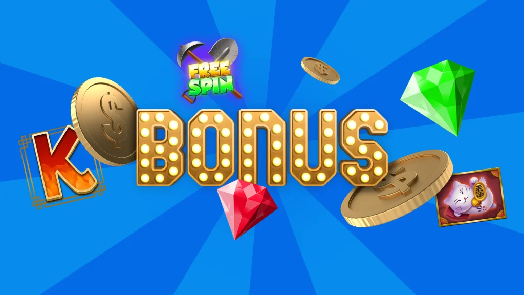 The word ‘BONUS’ is in the center in gold marquee lights on top of a blue background and it’s surrounded by slot symbols.