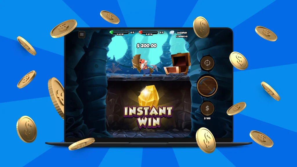 On a blue background are gold coins floating around a slot screen that says ‘Instant Win’.