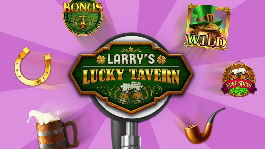 with a purple background and various symbols related to slots and Irish lore, we see an image that reads ‘Larry’s Lucky Tavern’ as the label of a beer tap.