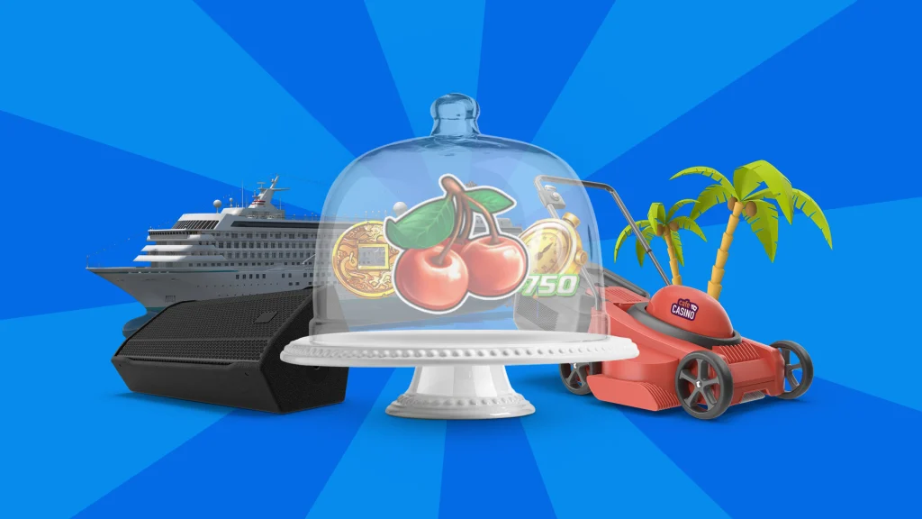 On a dark blue background we see a cake tray with slot symbols. On the left is a cruise ship and a speaker and on the right is a lawnmower in front of palm trees.