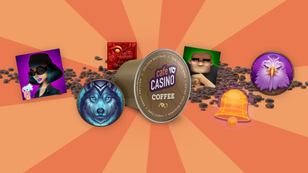 There’s an unopened coffee pod that says ‘Cafe Casino Coffee’ with slot symbols and coffee beans surrounding it on a peach background.