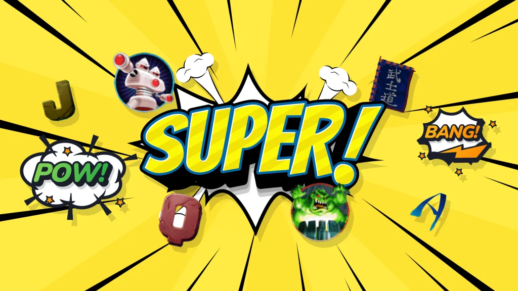 Unleash your inner geek. Exploding word "Super" on a yellow background.