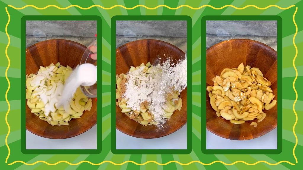 3 photos on a green background show us the mixing process of adding sugar and flour to the apples in a wooden bowl.