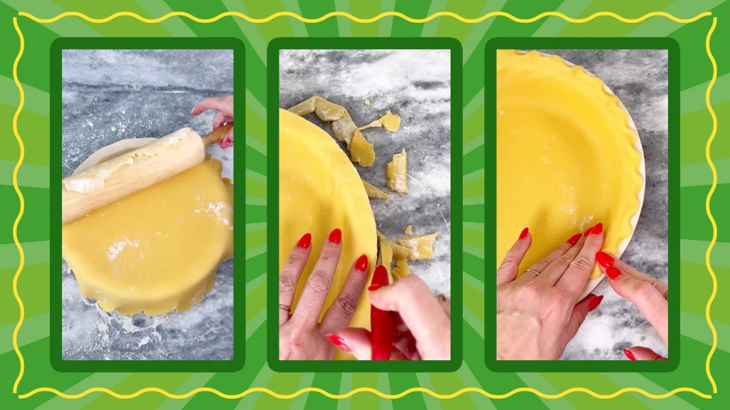 3 photos on a green background show the dough being rolled out, added to the pie dish and then crimping the crust.