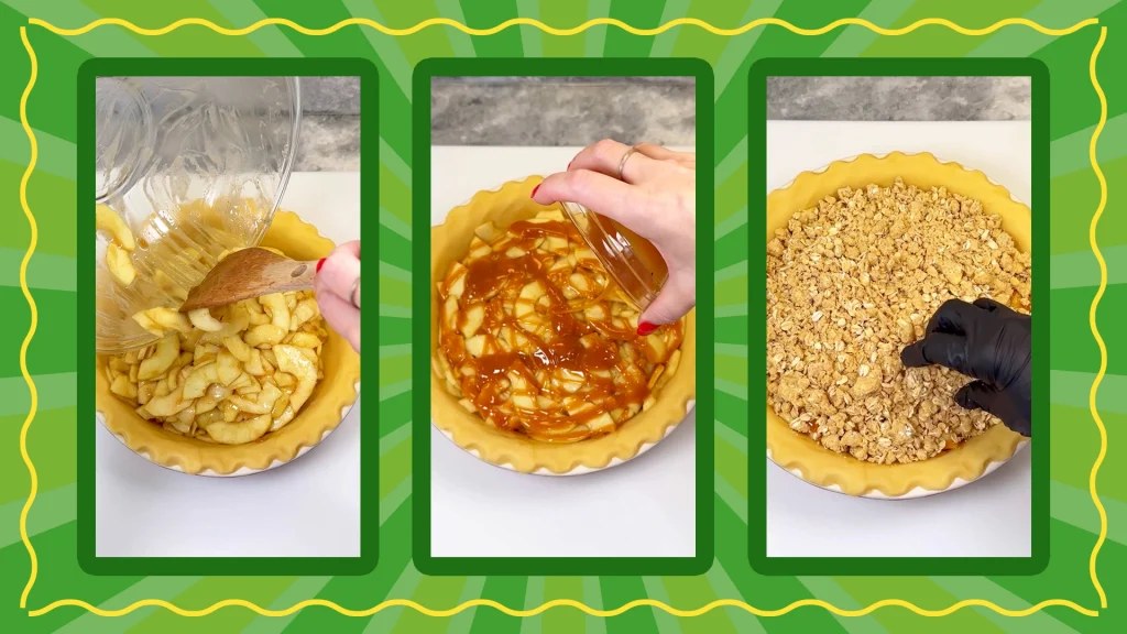 3 photos on a green background show the cooked apples being placed into the pie crust, then being drizzled with caramel sauce, and then finally adding the crumble topping.