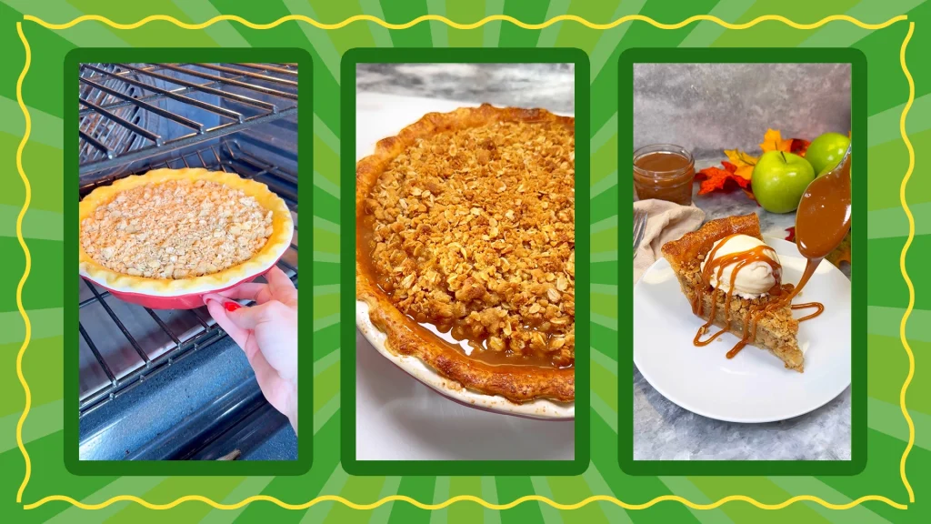 3 photos on a green background show the pie going into the oven, then we see the pie baked on a countertop, and lastly, a slice of caramel apple pie with ice cream and more caramel drizzled over top.