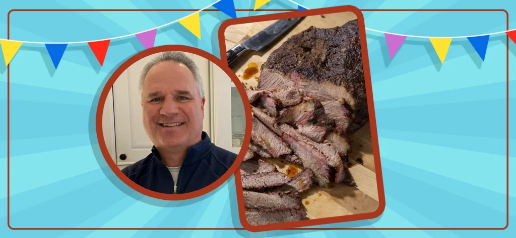 Cooking with Darryl is featured in a red circle with sliced beef brisket on a wooden cutting board within a red rectangle, on a blue background.