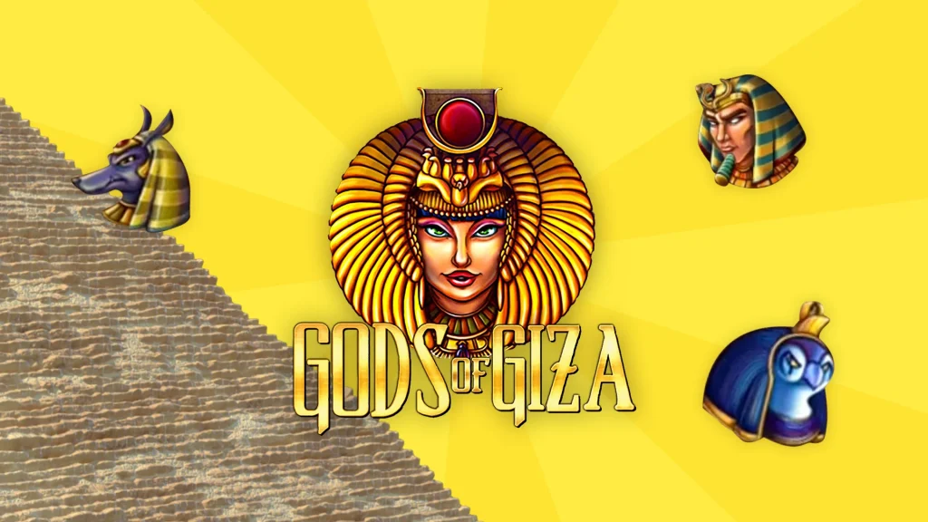 An ornate mask is the centerpiece above text that reads ‘Gods of Giza’ and various symbols of Egyptian gods are on either side, all with a yellow background. 