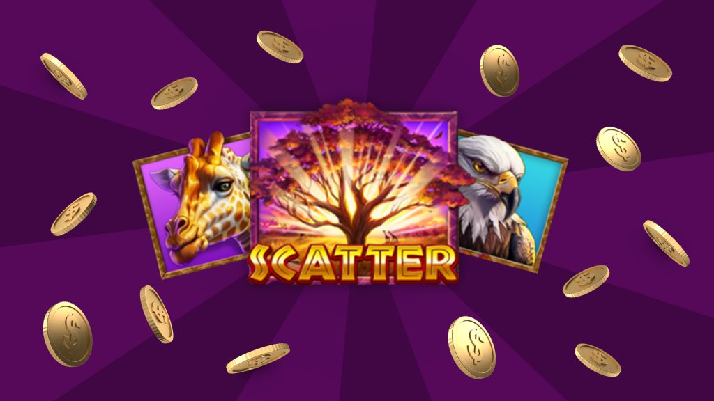 Gold coins surround images of a giraffe, baobab tree, and eagle, all displayed on a background of dark purple. 