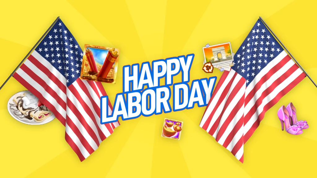 Two American flags stand around the words ‘Happy Labor Day’ surrounded by symbols from Cafe Casino online slots.